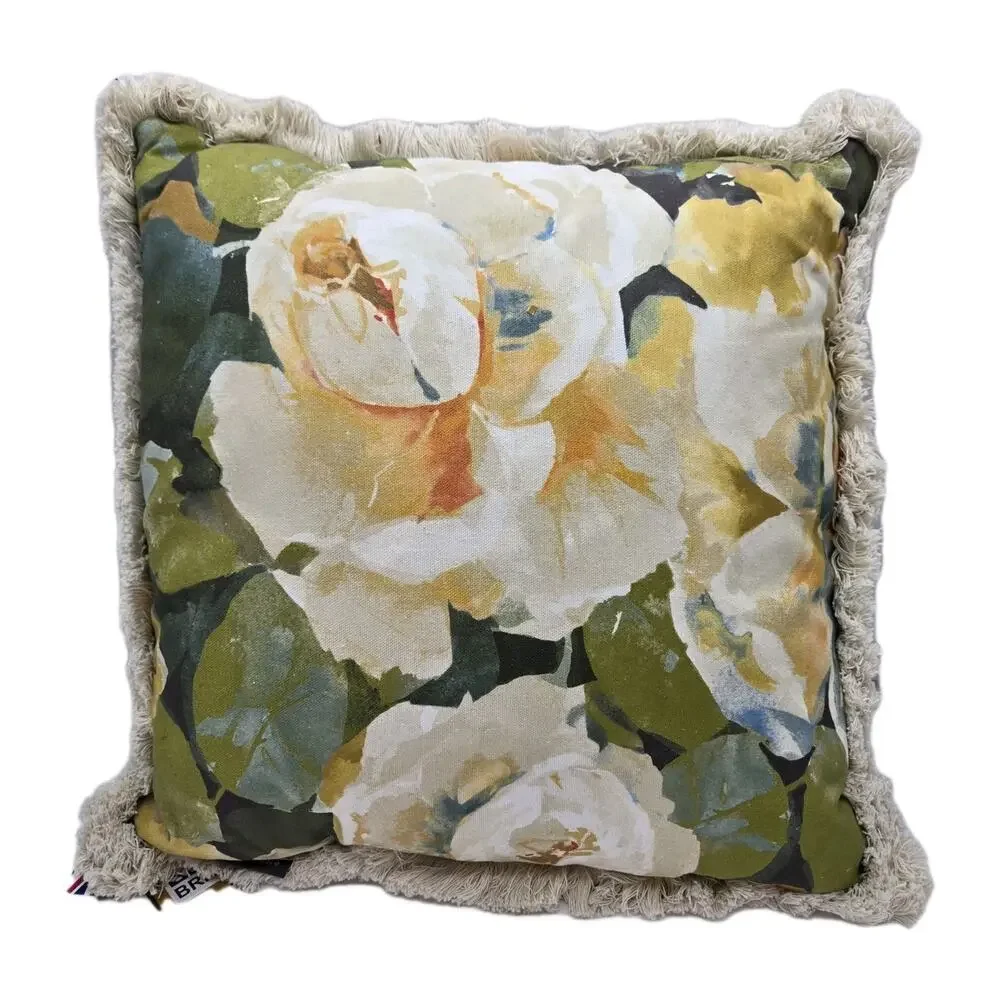 English Rose Watercolor Print Pillow W Fringe Made In England Duck Feather NEW